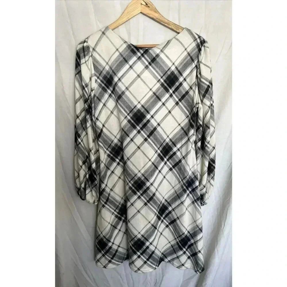 Chetta B Plaid Flannel Trapeze Dress Black & Cream Removable Cowl Size Med - Picture 13 of 16